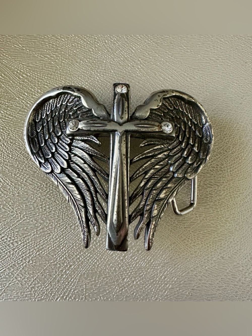 Nocona Ornate Winged Cross Heart Shaped Silver-Tone Rhinestone Belt Buckle